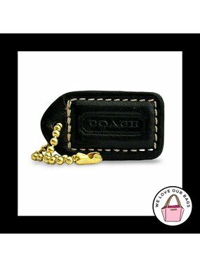 COACH Y2K VINTAGE Hang Tag 1.5" Black Leather Bag Charm Keychain Fob Brass Small